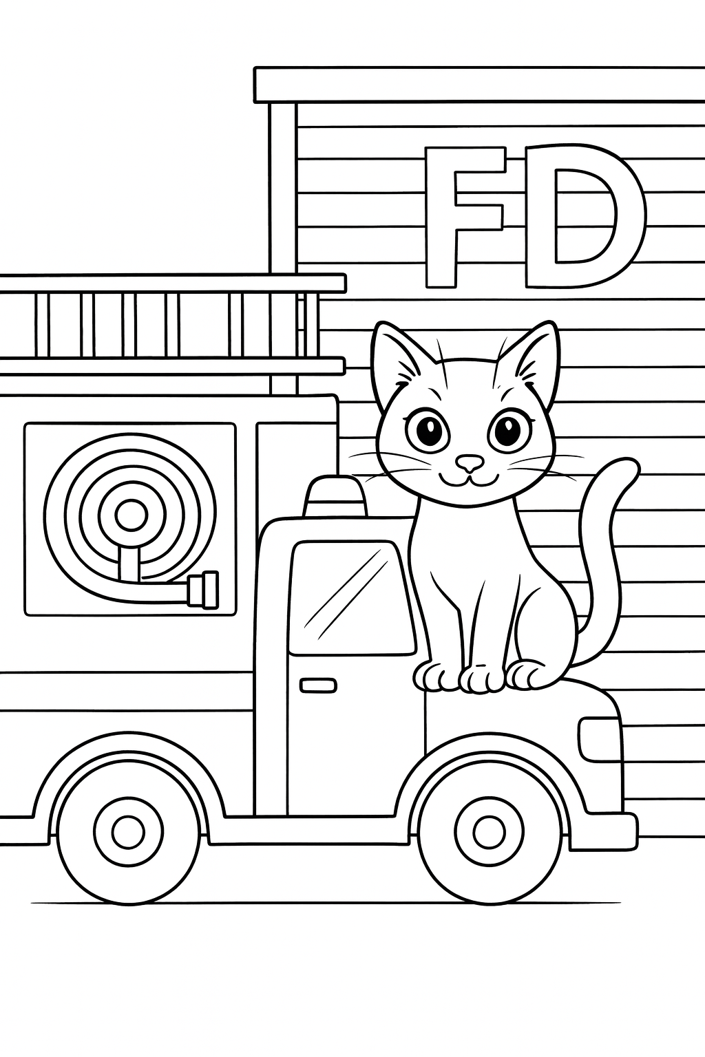Lucky sits on a fire engine parked at a station, with a hose reel, a ladder, and a garage door behind it — printable coloring page