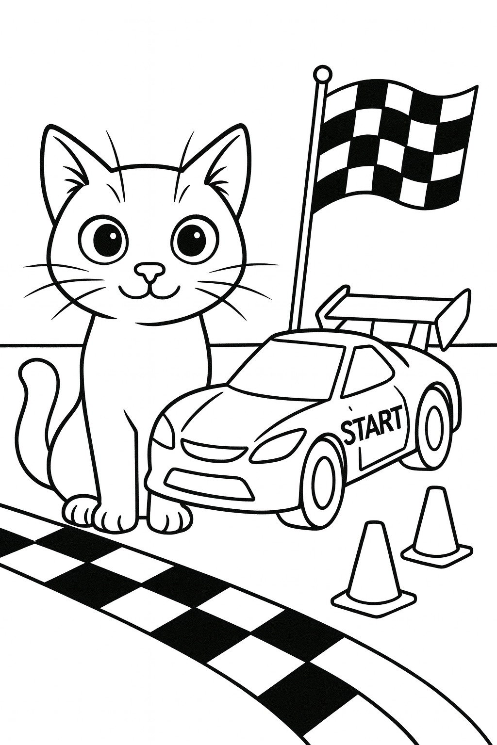Lucky stands beside a shiny race car on a starting line, with a checkered flag shape and a few simple cones ar — printable coloring page