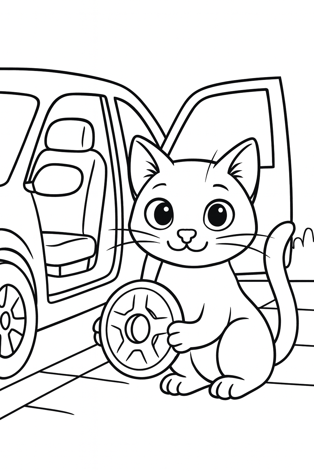 Lucky stands beside a small car parked in a driveway, holding a round wheel cover while the car door is open — printable coloring page