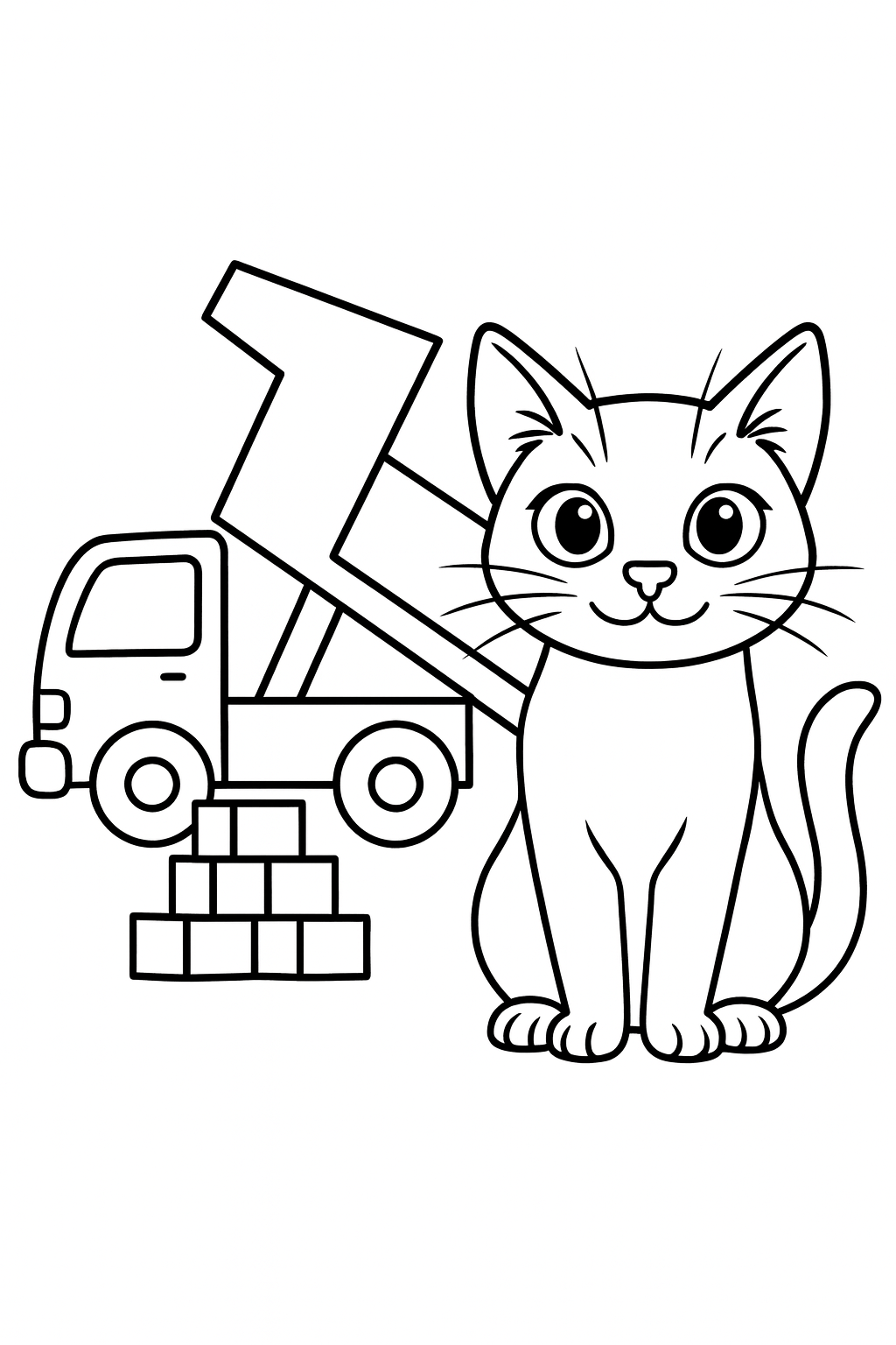 Lucky stands next to a dump truck with its bed raised, and a neat pile of blocks on the ground behind it — printable coloring page
