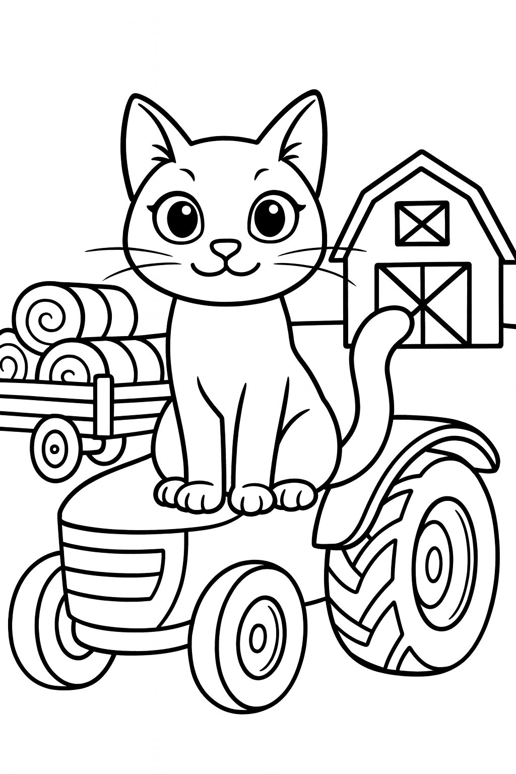 Lucky stands on a tractor at a farm, with a simple trailer full of hay bales and a barn in the background — printable coloring page