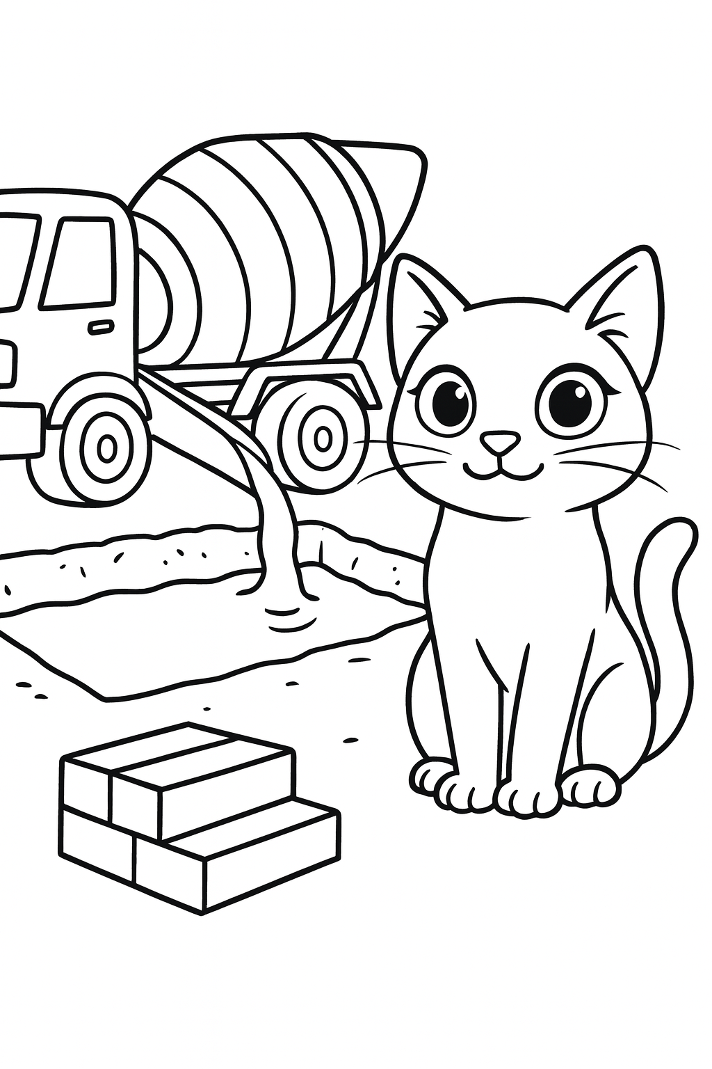 Lucky watches a cement mixer truck pour a stream into a square foundation pit, with a few stacked bricks nearb — printable coloring page