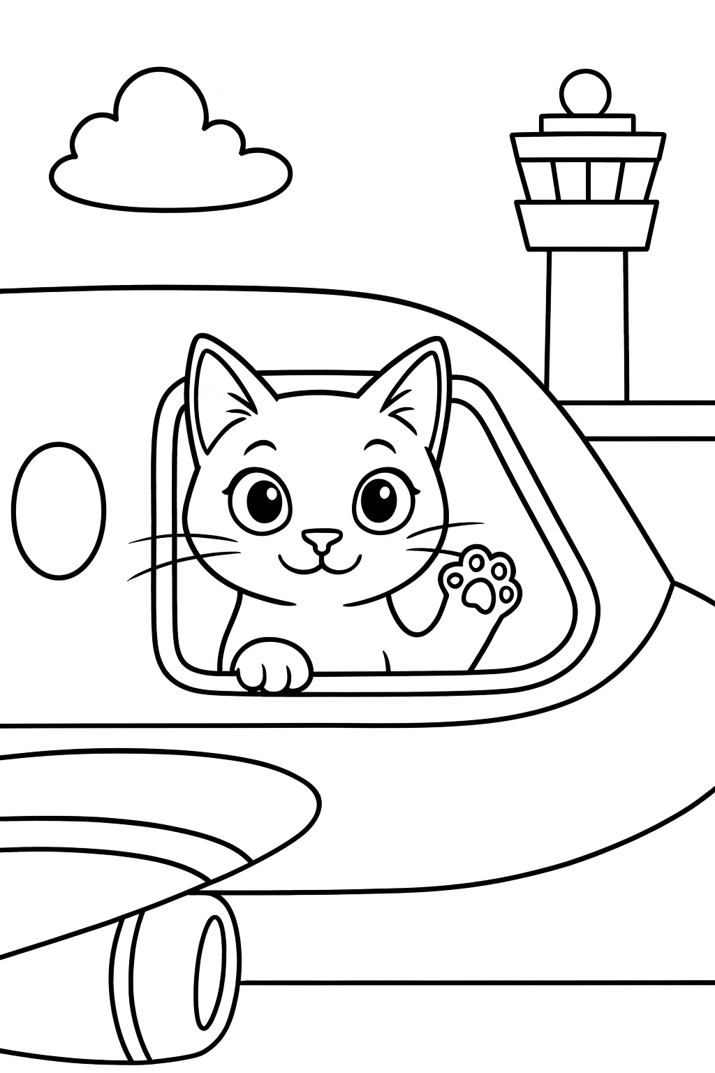 Lucky waves from the window of a small airplane on the runway, with one cloud and a control tower in the backg — printable coloring page