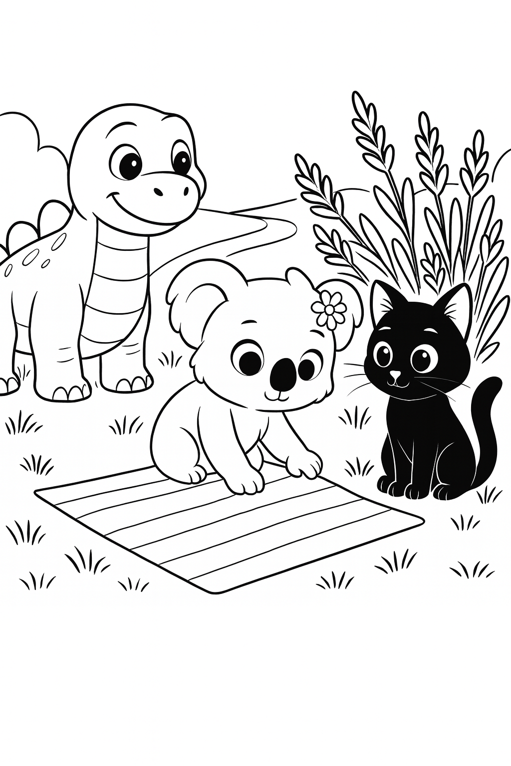 Medium shot, Daisy in the center foreground kneeling to smooth the woven picnic blanket while Lucky waits on t — printable coloring page