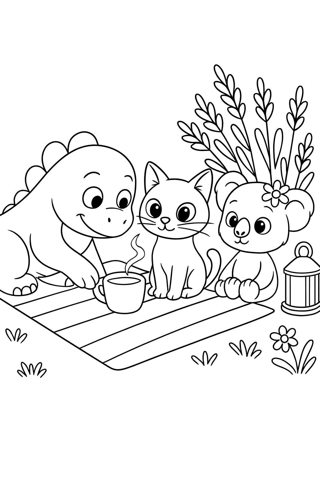Medium shot, Dandino in the center foreground lowering a cup of warm milk onto the woven picnic blanket while — printable coloring page