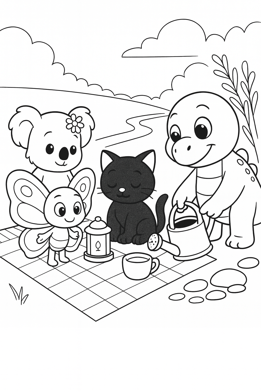 Medium shot, Dandino in the foreground right gently nudging the watering can toward the path edge, with Bibi a — printable coloring page