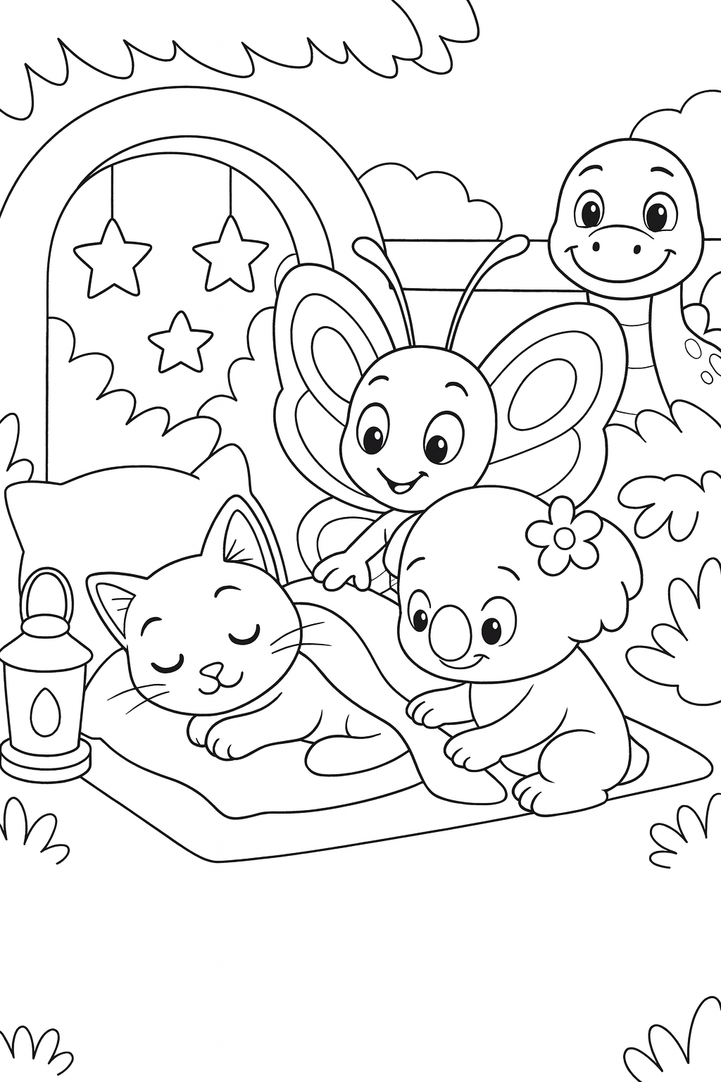 Medium shot, Lucky in the foreground center curled into the soft pillow nest while Daisy kneels beside her on — printable coloring page