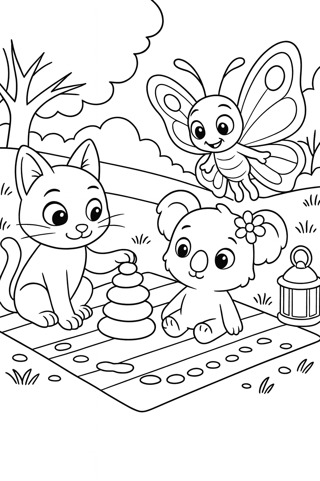 Medium shot, Lucky in the foreground left arranging the stack of smooth garden stones on the blanket while Dai — printable coloring page