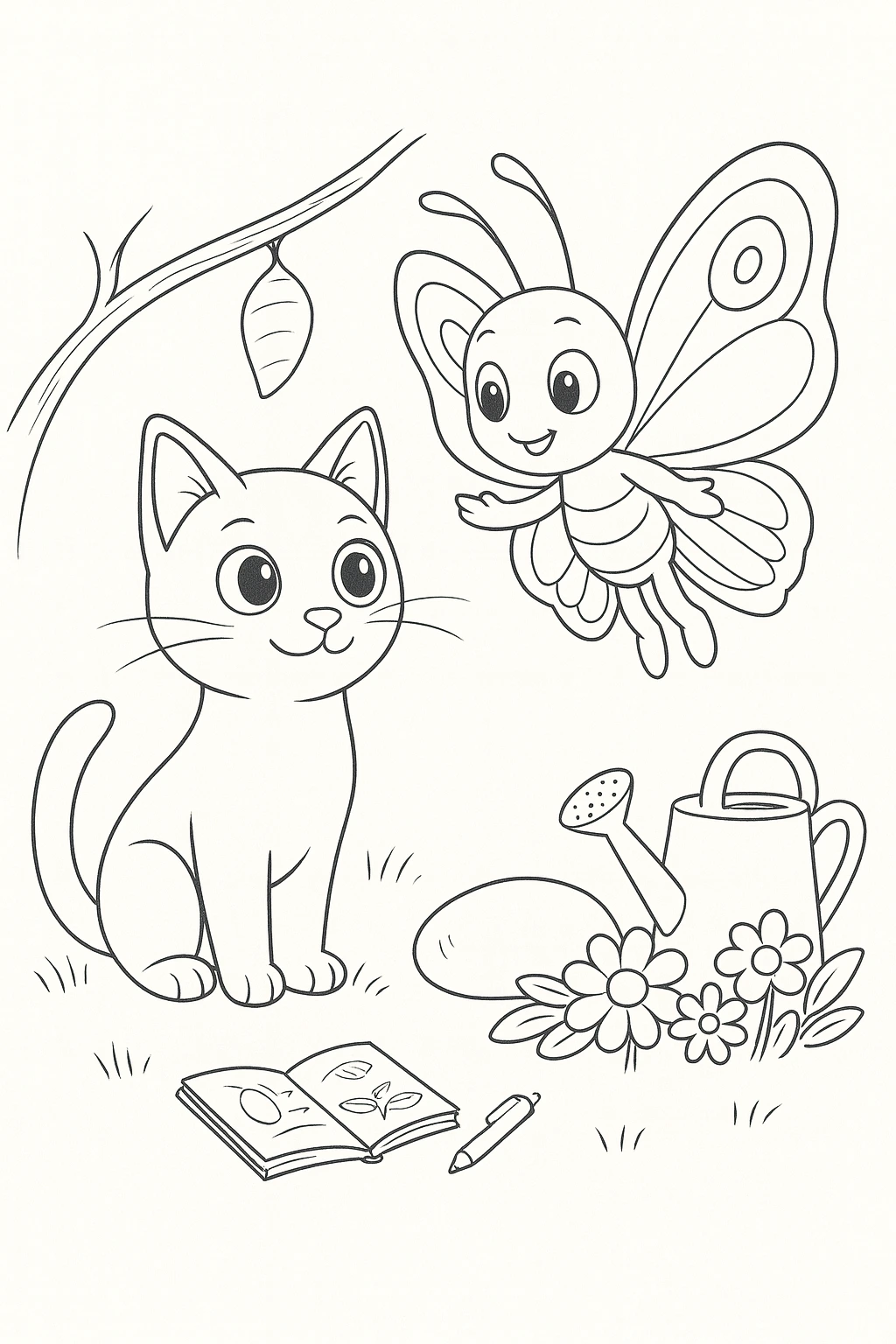 Medium shot of Lucky in the foreground center sitting neatly with a patient expression, while Bibi floats in t — printable coloring page