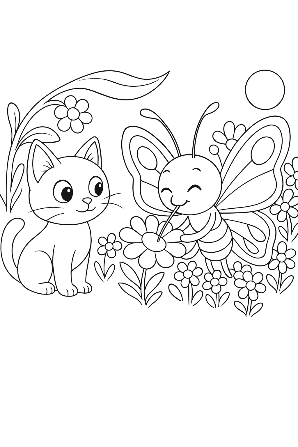Medium shot of Lucky in the foreground left watching closely, while Bibi in the midground right drinks nectar — printable coloring page