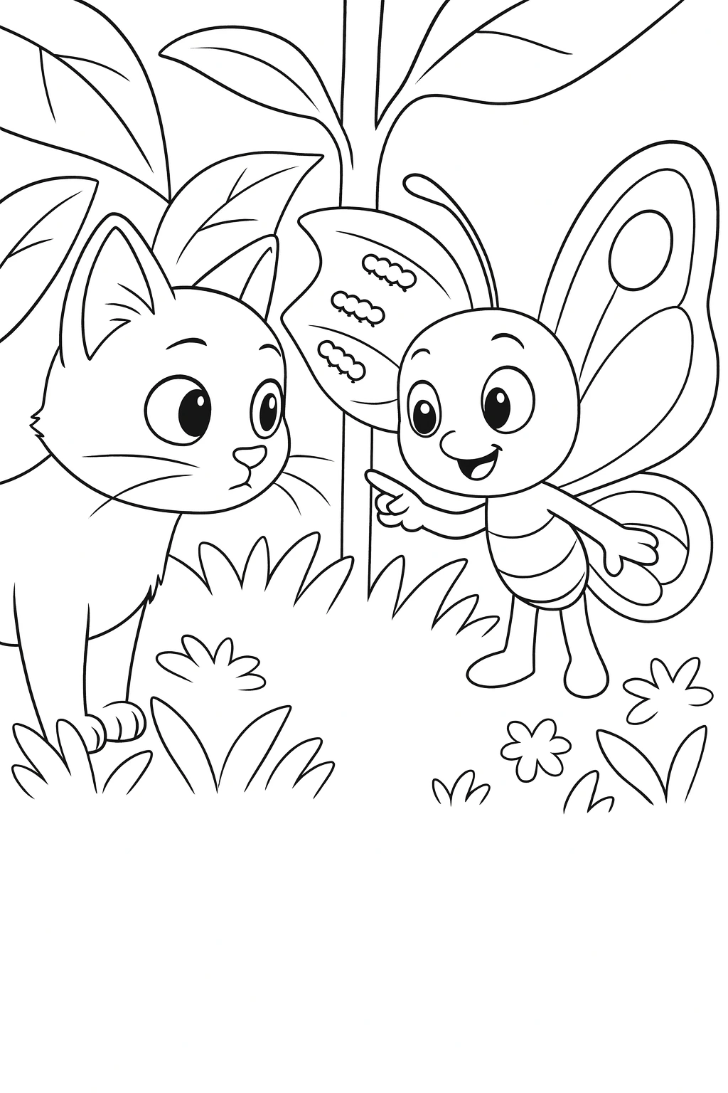 Medium shot with Lucky in the foreground left watching closely, and Bibi in the midground right near a leaf wh — printable coloring page