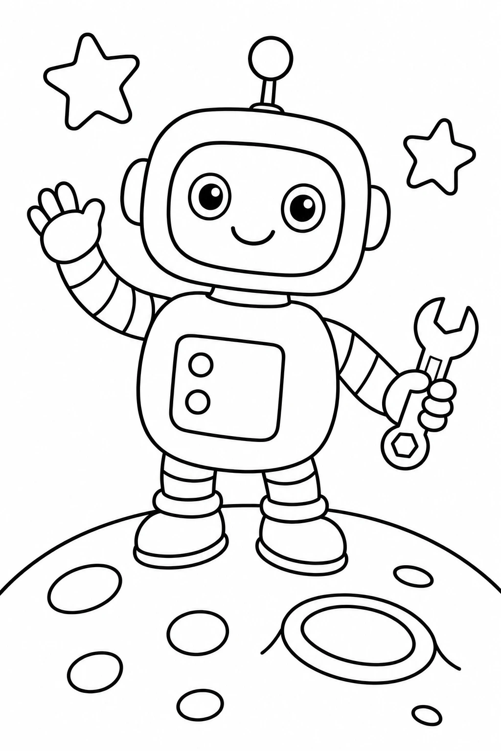One adorable rounded robot standing on a small moon hill, waving one hand and holding a tiny wrench in the oth — printable coloring page