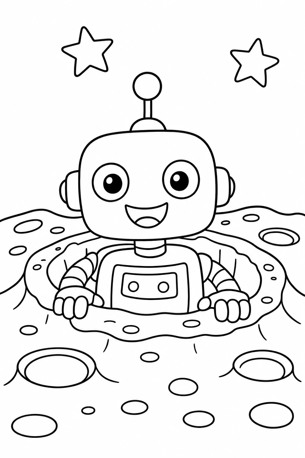 One cheerful robot peeking out from a round crater, with both hands resting on the rim and two tiny stars abov — printable coloring page