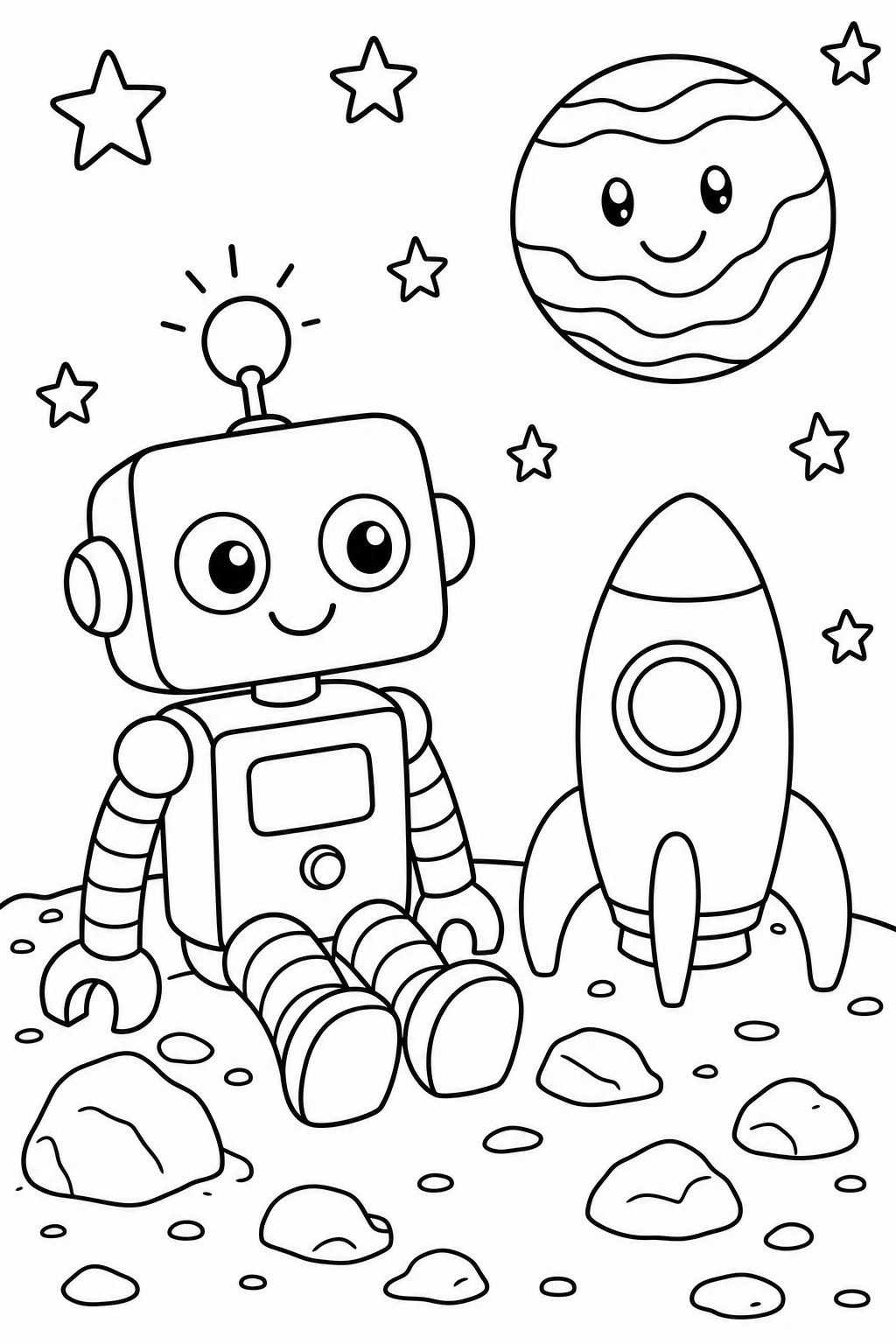 One friendly robot sitting beside a little rocket toy, with a glowing antenna bulb, a few scattered space pebb — printable coloring page