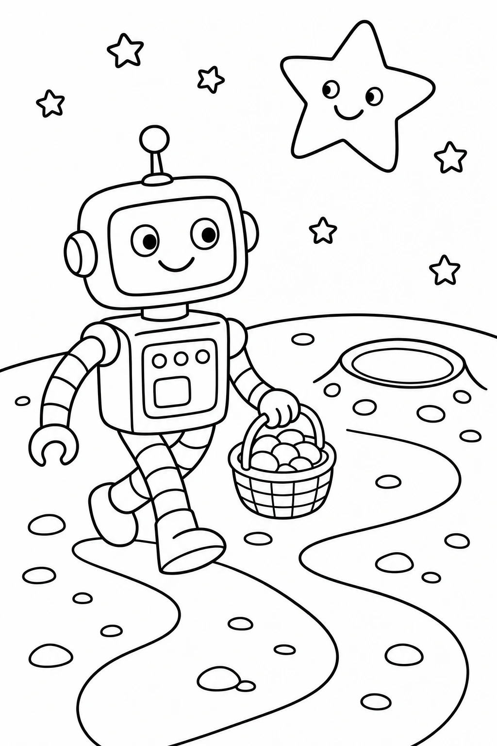 One robot carrying a small basket of space pebbles, walking across a moon path with a simple crater and a frie — printable coloring page