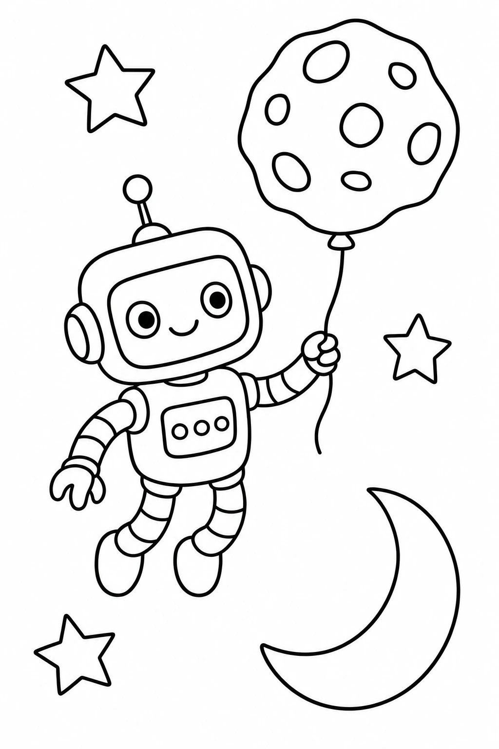 One robot floating gently in space while holding a small asteroid balloon by a string, with three simple stars — printable coloring page