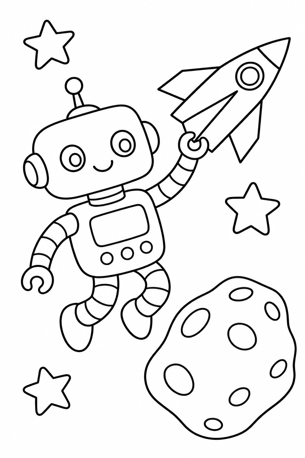 One robot floating while holding a small paper airplane shaped like a rocket, with three stars and a rounded a — printable coloring page