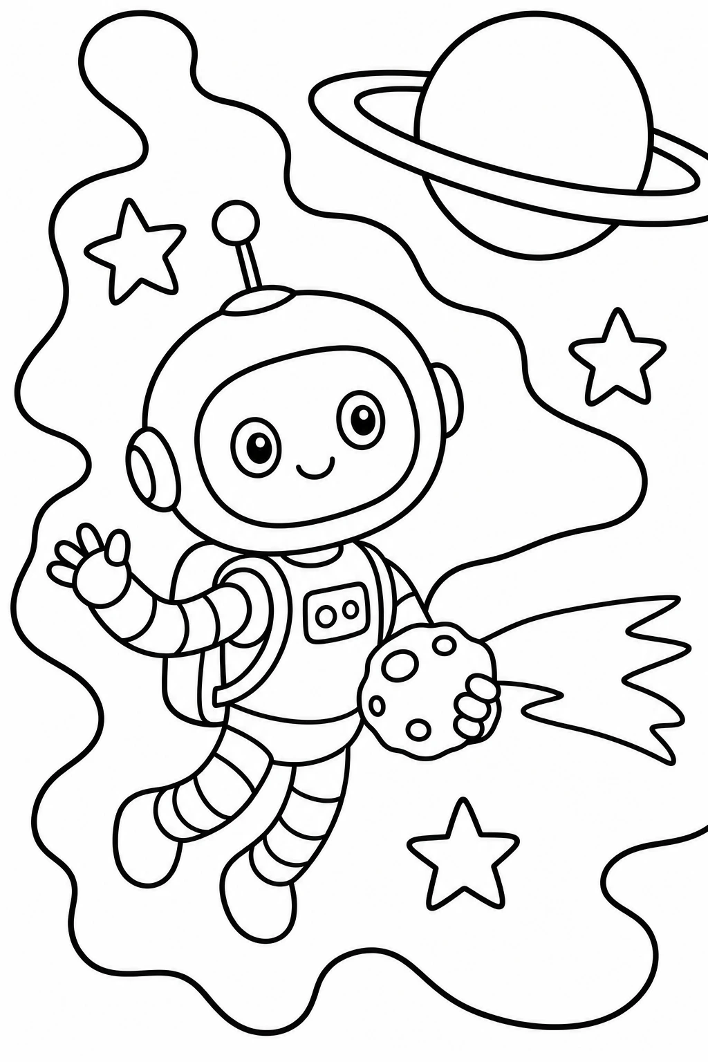 One robot floating with a small backpack and a toy comet, surrounded by a ringed planet, three stars, and a so — printable coloring page