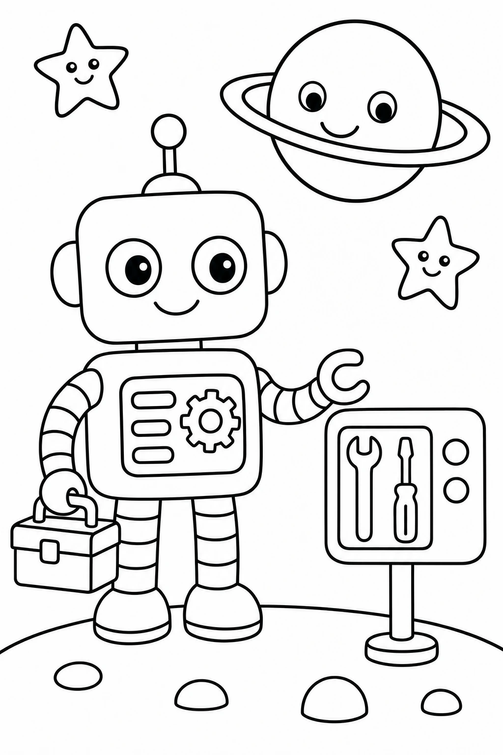 One robot holding a small toolbox and standing beside a tiny repair panel, with a friendly planet and two star — printable coloring page