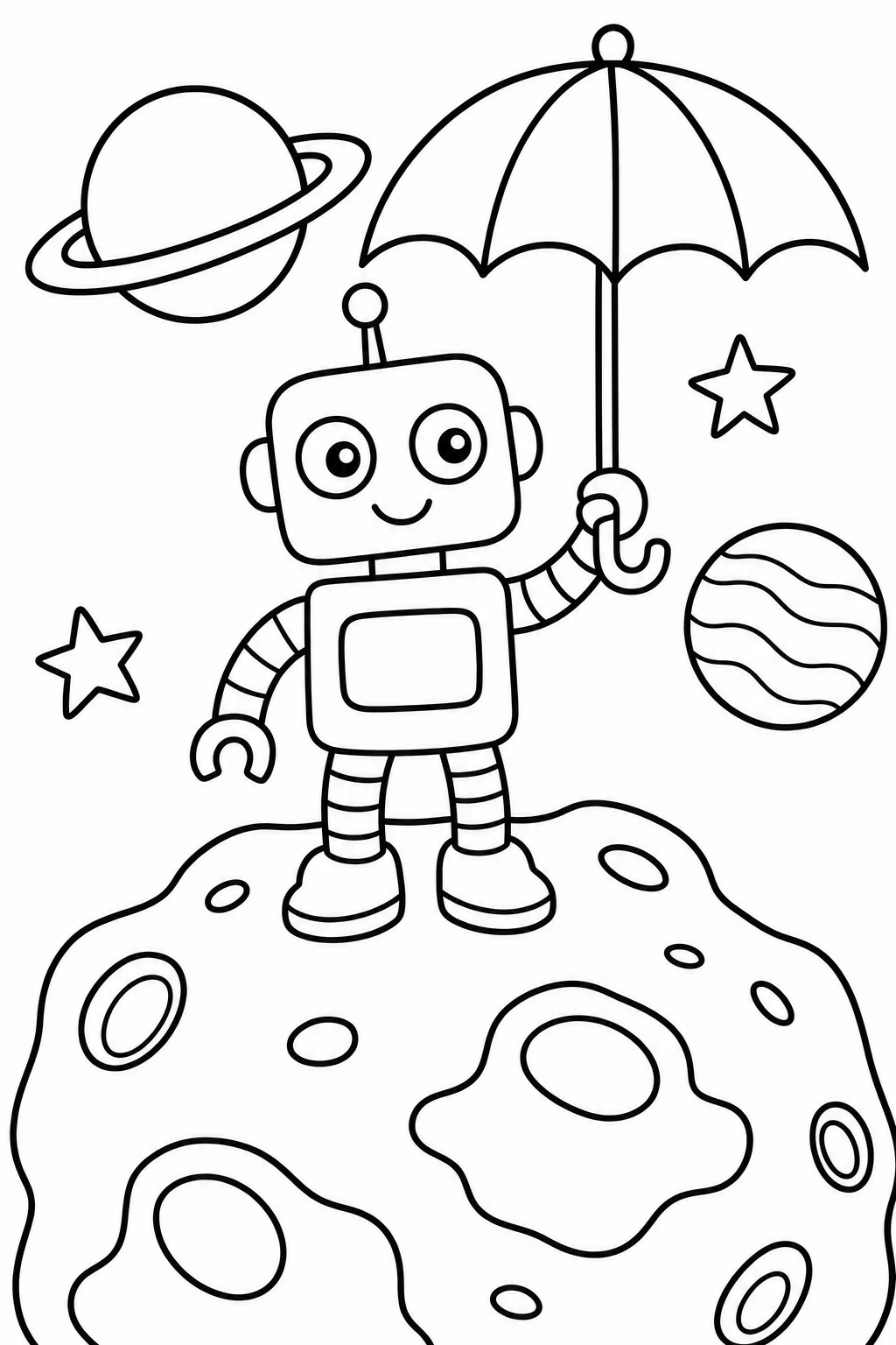 One robot holding a small umbrella while standing on an asteroid, with a couple of floating planets and three — printable coloring page