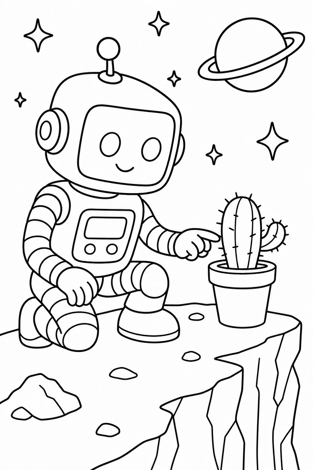 One robot kneeling next to a tiny potted space cactus on a small ledge, with a few floating sparkles and one d — printable coloring page