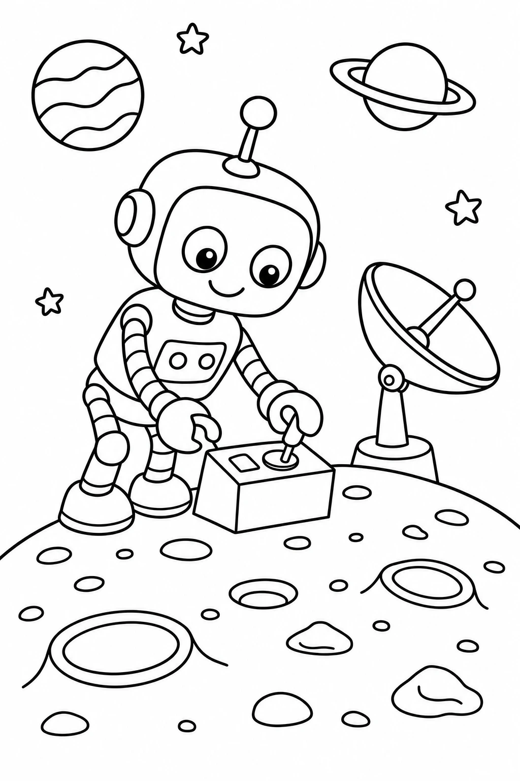 One robot leaning over a tiny control console on a moon hill, with a round antenna dish and two little planets — printable coloring page