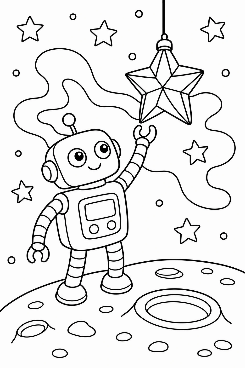 One robot reaching up toward a hanging star-shaped lantern, standing on a moon surface with a simple crater an — printable coloring page