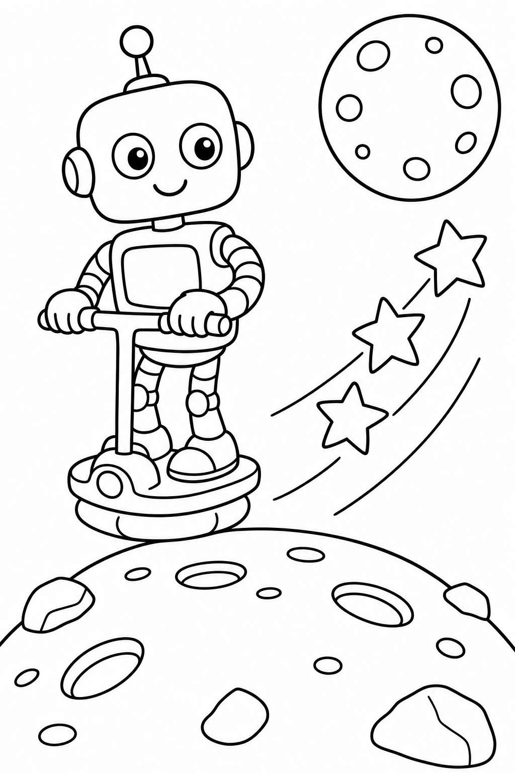 One robot riding a little hover scooter across a smooth asteroid, with a trail of three stars and a round moon — printable coloring page
