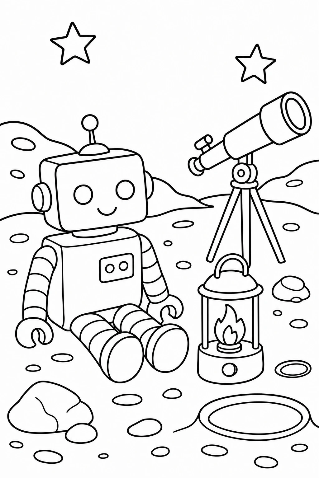 One robot sitting beside a tiny campfire-shaped lantern on a moon surface, with a telescope and two stars in t — printable coloring page
