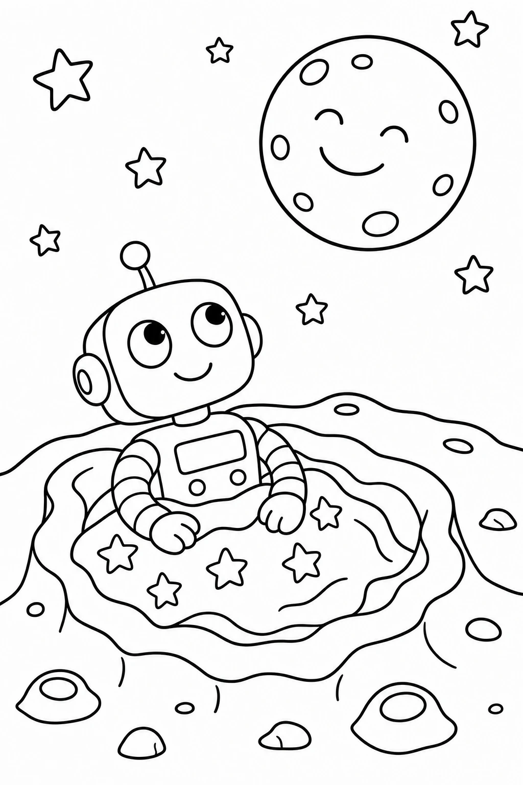 One robot sitting inside a little crater nest with a blanket, looking up at a smiling moon and a few scattered — printable coloring page
