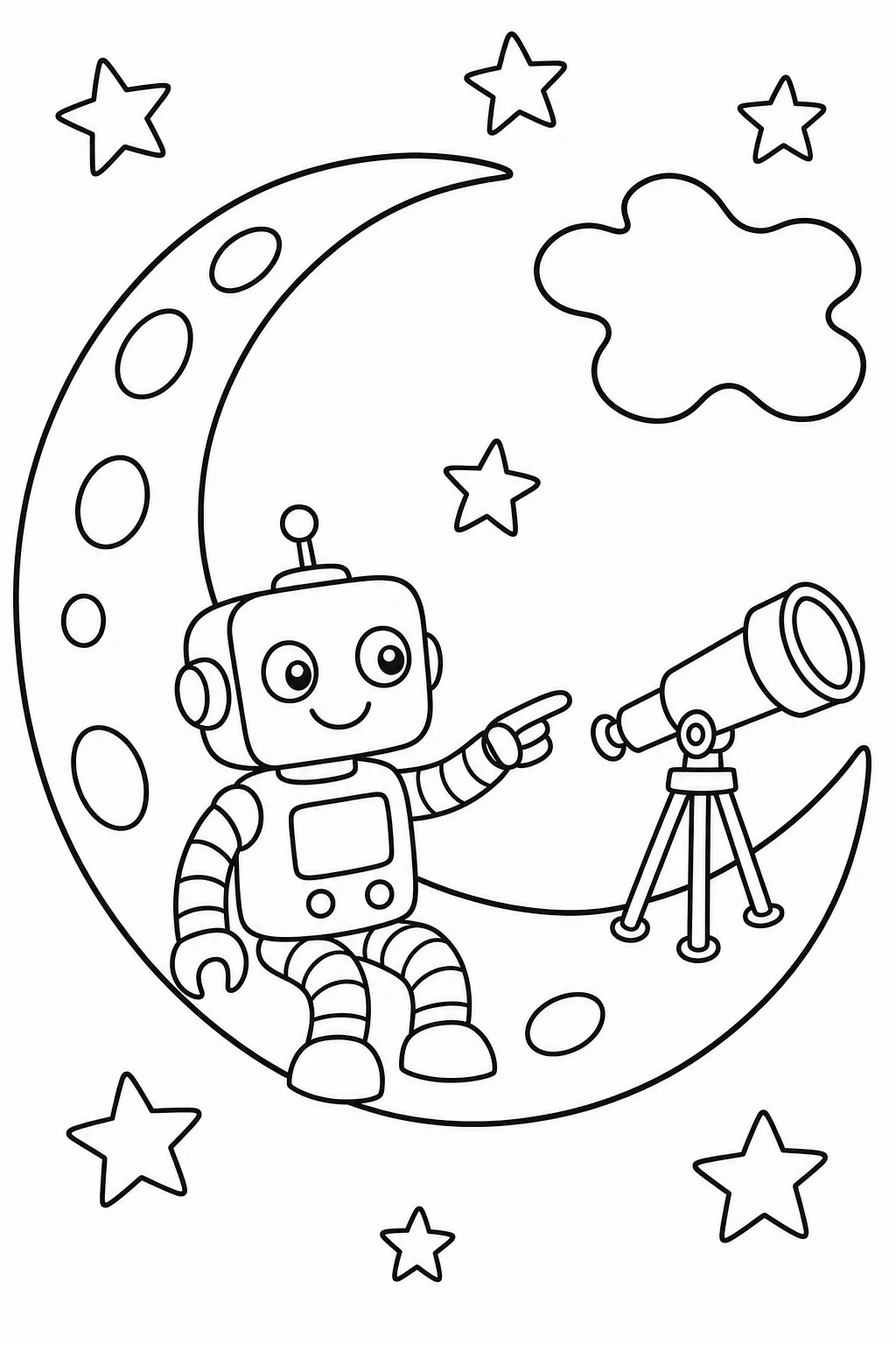 One robot sitting on a crescent moon and pointing at a tiny telescope beside it, with a few stars and one puff — printable coloring page
