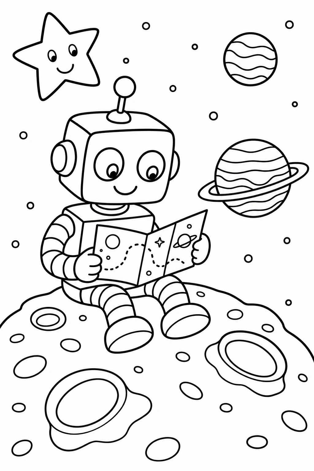 One robot sitting on a moon rock and reading a tiny space map, with a smiling star overhead and two small plan — printable coloring page
