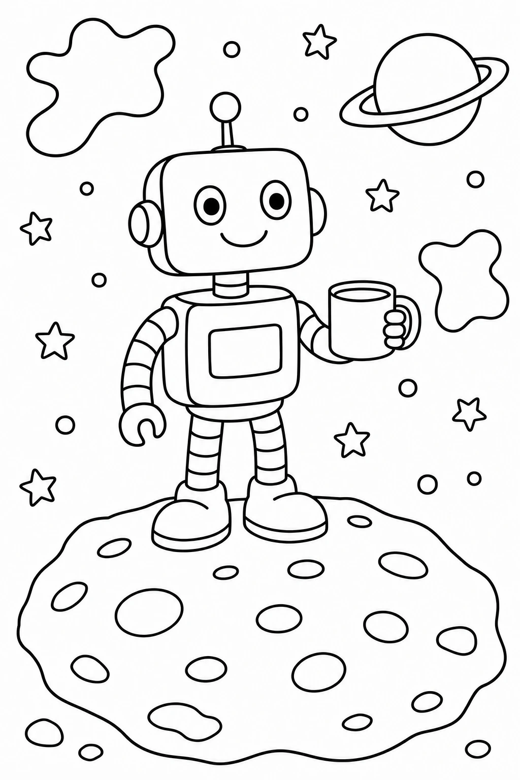 One robot standing on a flat asteroid and holding a simple mug, with a small ringed planet behind it and a cou — printable coloring page