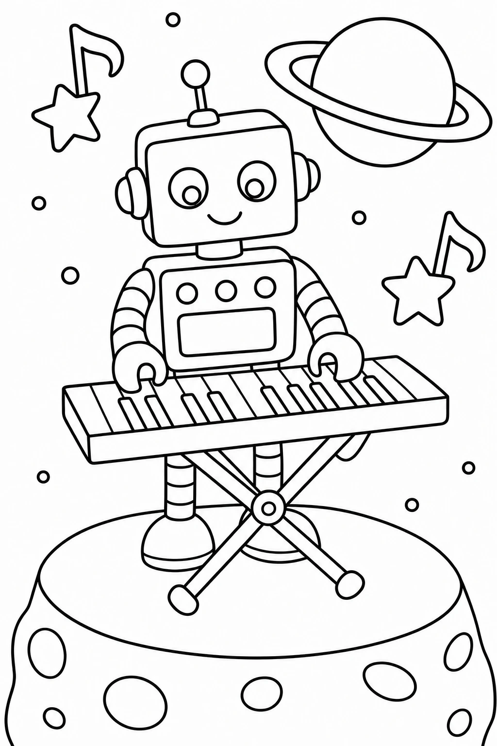 One robot standing on a tiny platform and playing a simple keyboard, with a ringed planet in the background an — printable coloring page