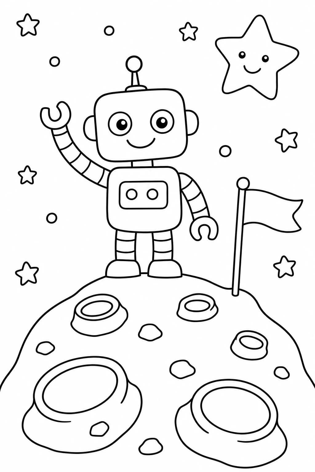 One robot waving from the top of a small crater, with a mini flag planted nearby and a smiling star above — printable coloring page