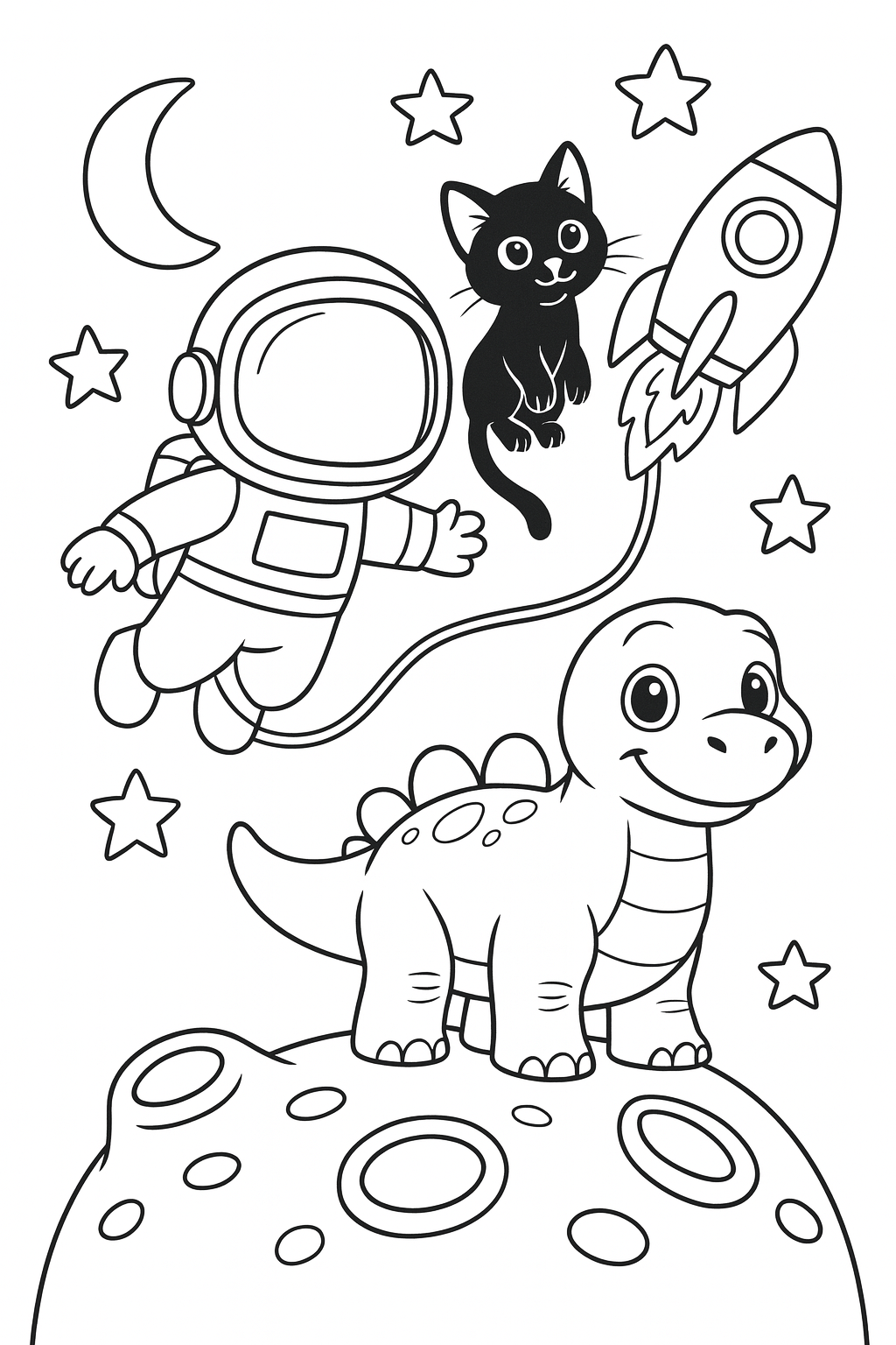 The astronaut and Lucky float together in space with a tether line connecting them to a small rocket, while Da — printable coloring page