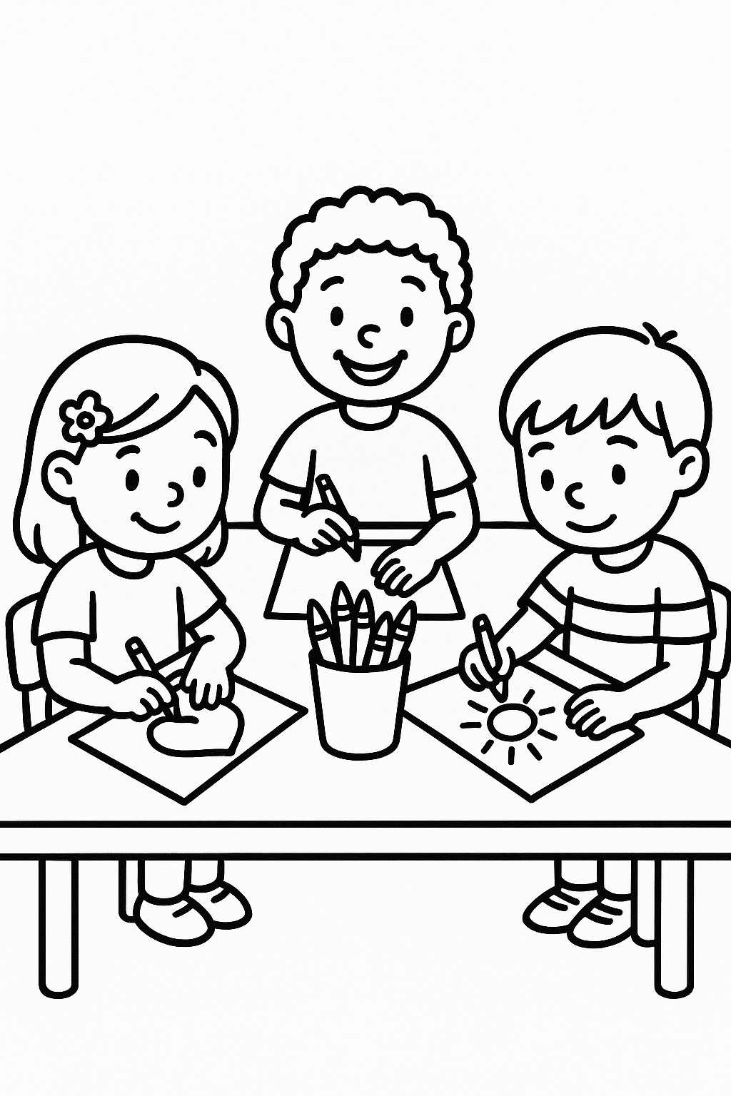 Three children sitting at a table, each drawing on paper while sharing a crayon cup in the middle — printable coloring page