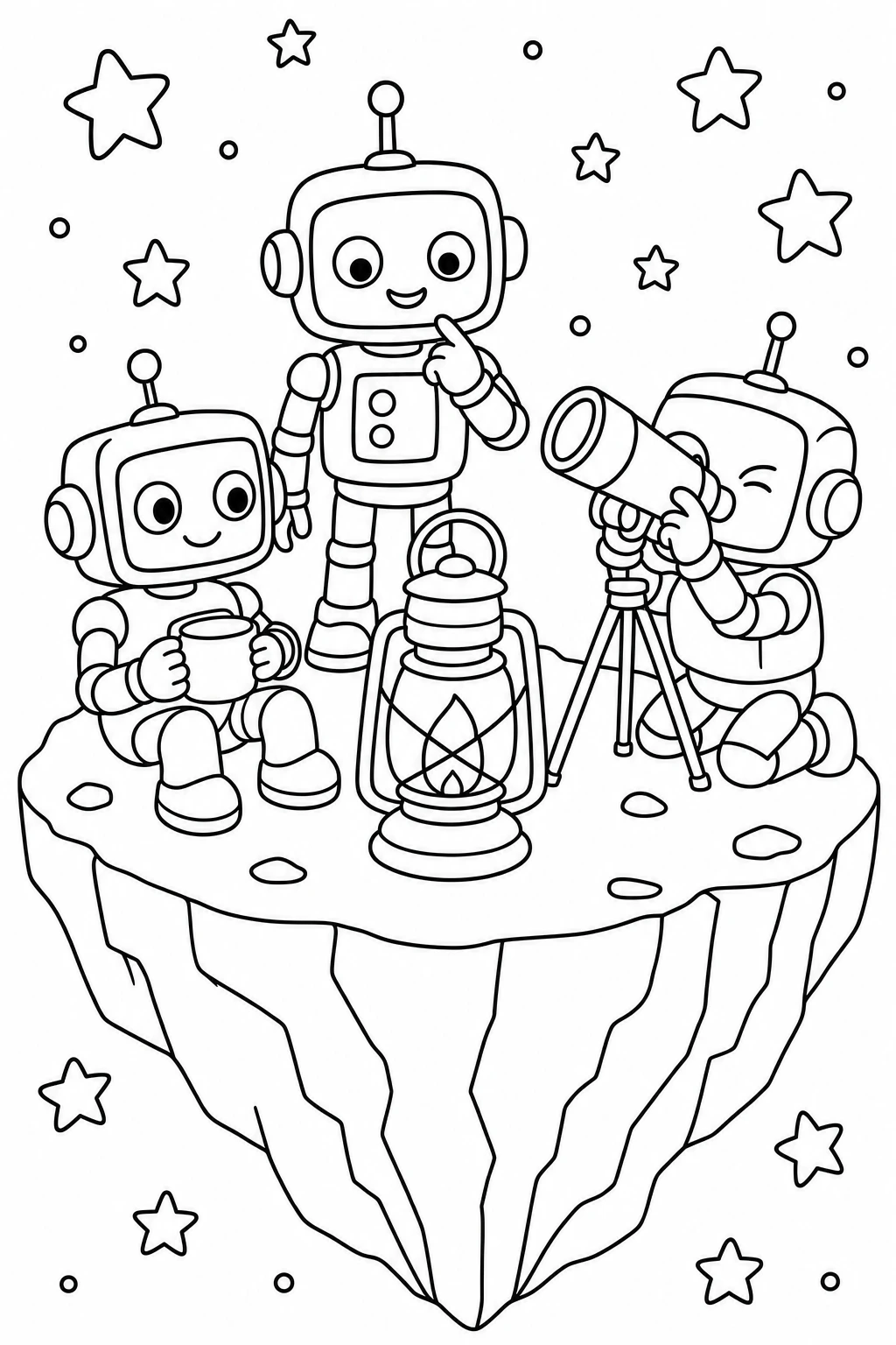 Three robots gathered around a glowing lantern on a floating rock, with a telescope, a cup, and a cluster of s — printable coloring page