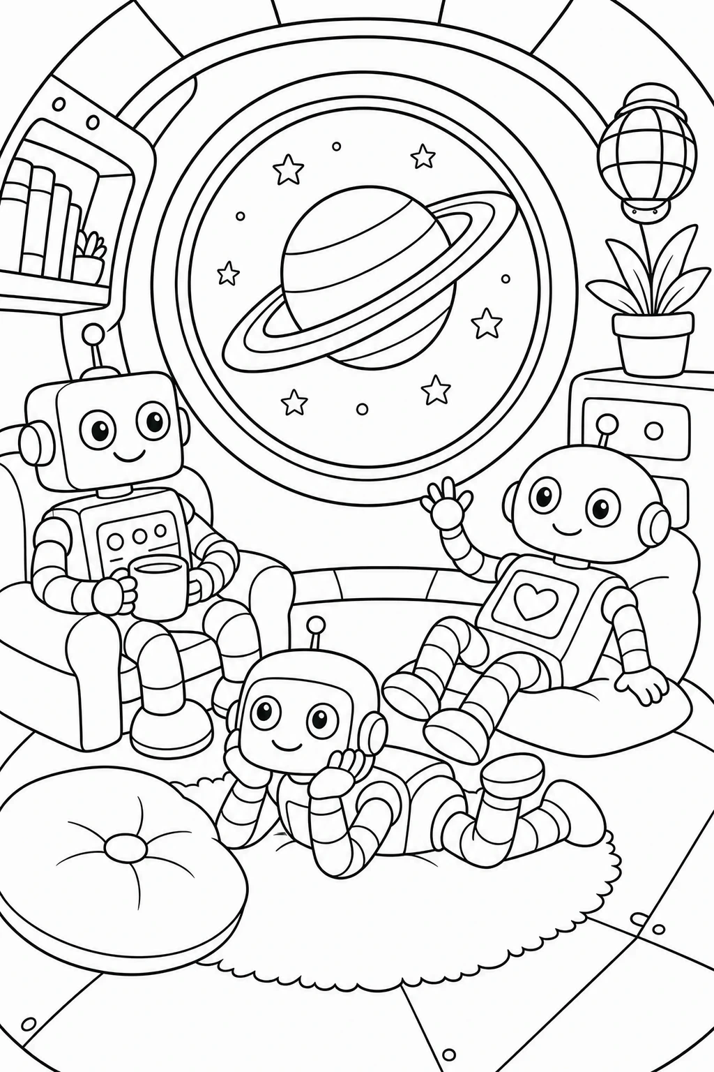 Three robots relaxing inside a cosy spaceship cabin, looking out through a round window at Saturn’s rings, wit — printable coloring page