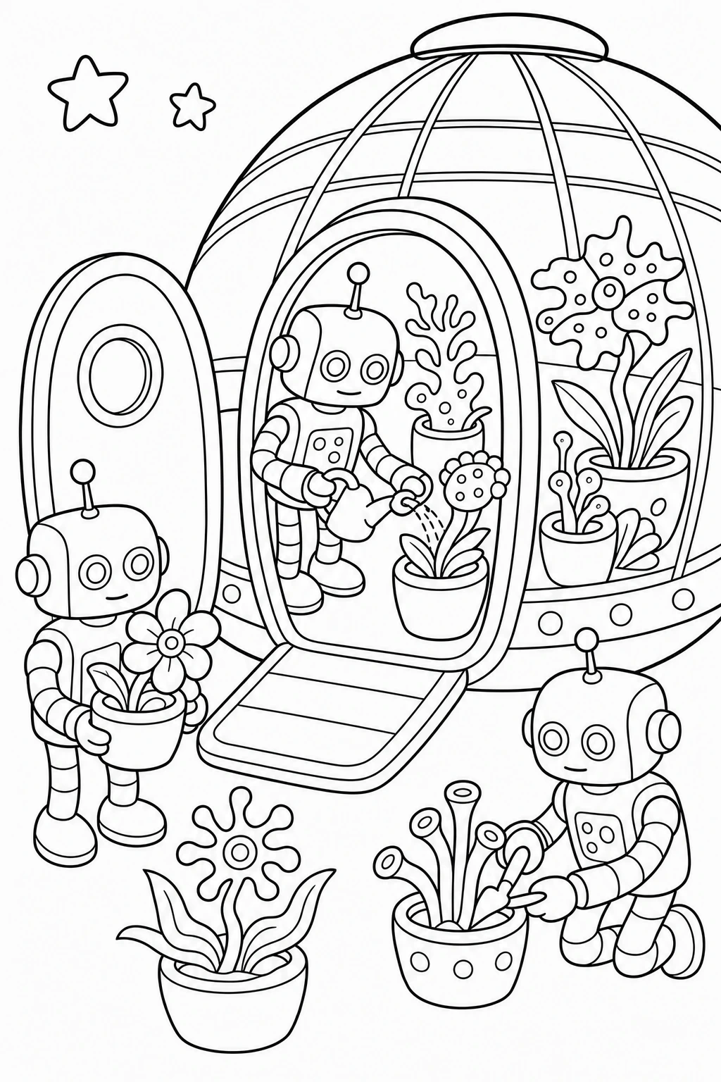 Three robots tending a greenhouse pod filled with simple alien flowers, with curved glass panels, small pots, — printable coloring page