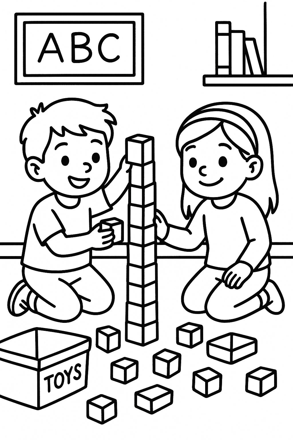 Two children building a tall tower from blocks on the classroom floor, with a toy bin nearby — printable coloring page