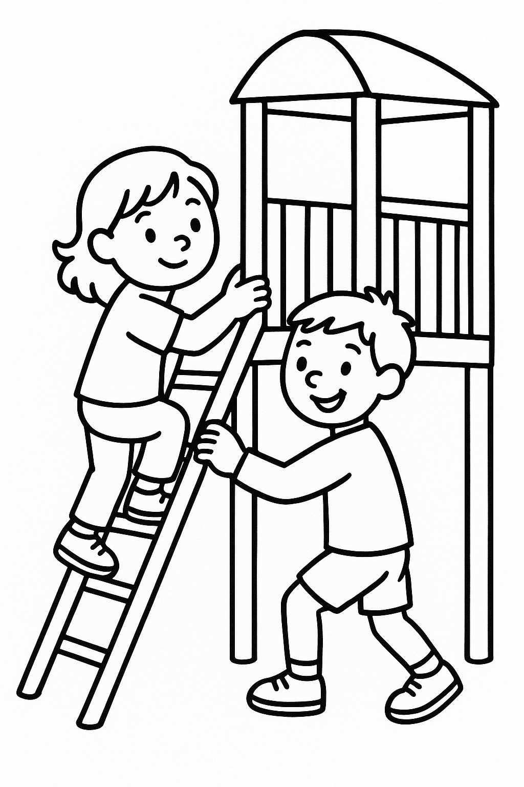 Two children climbing a small playground ladder to reach a platform — printable coloring page