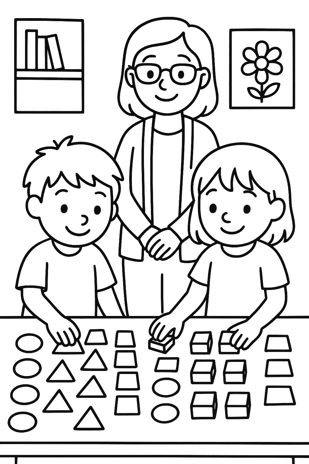 Two children lining up toy shapes into rows on a table, with a teacher watching nearby — printable coloring page