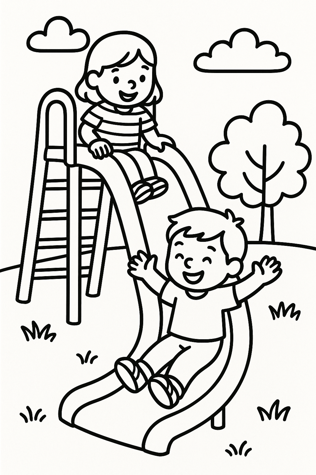 Two children on a playground slide, one at the top and one sliding down — printable coloring page