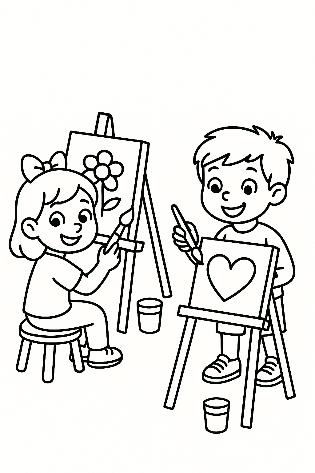 Two children painting at easels, each with a simple paper sheet and paint cup beside the easel — printable coloring page