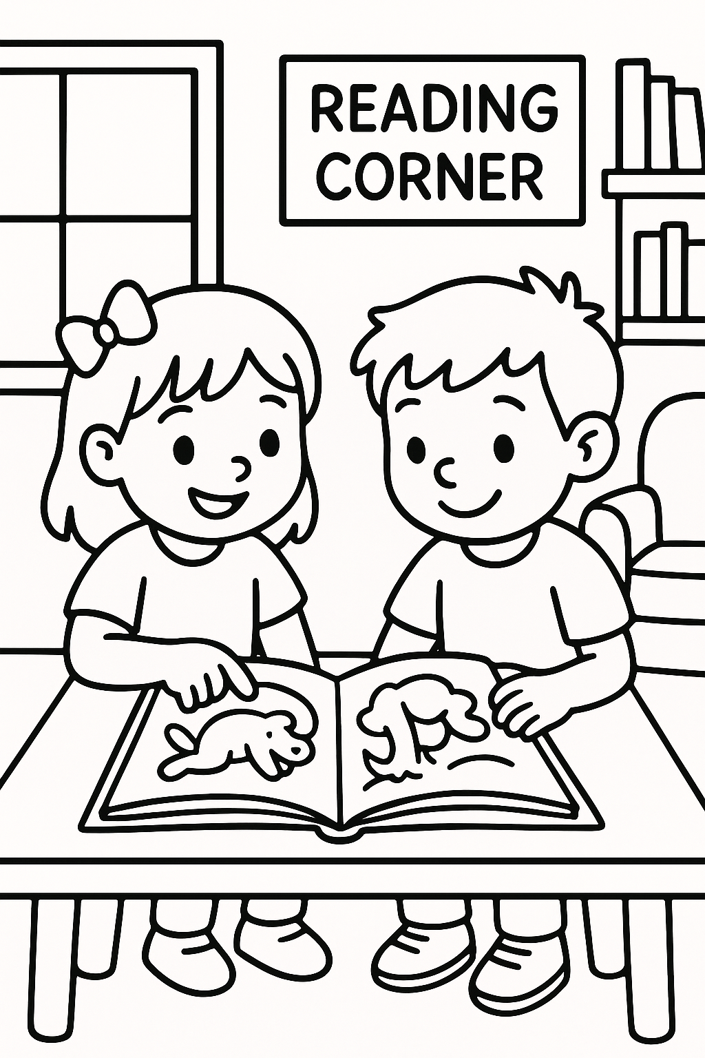 Two children sharing a picture book at a small table in the reading corner — printable coloring page