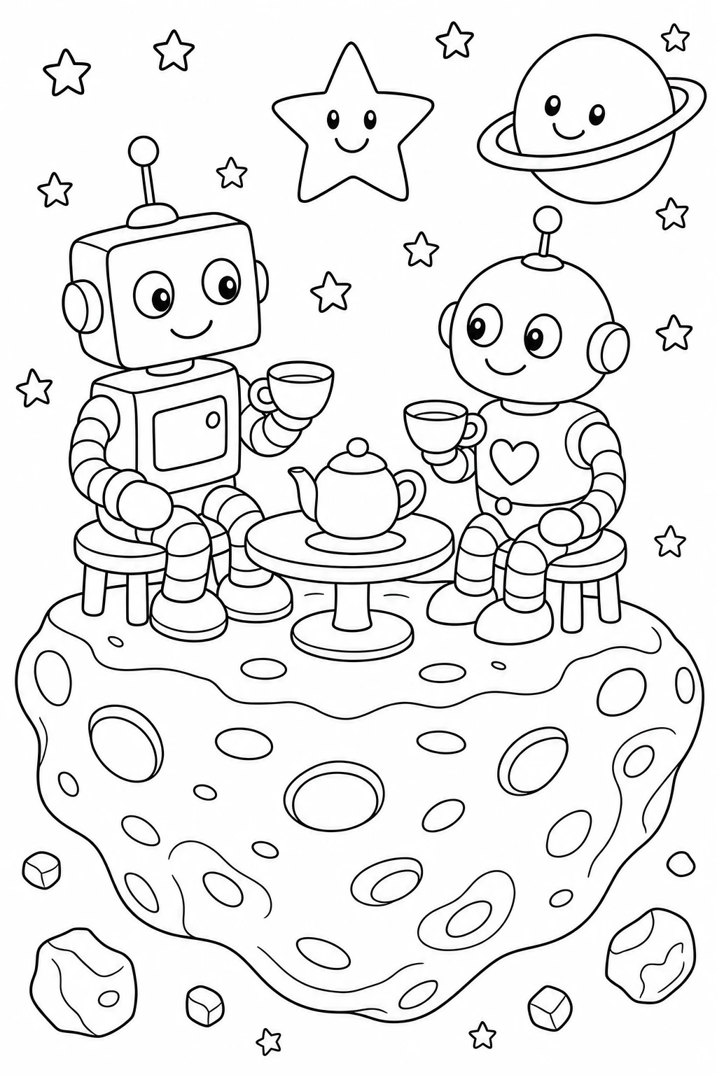 Two cute robots having tea on a floating meteor, with a tiny round table, teacups, a star overhead, and a smil — printable coloring page
