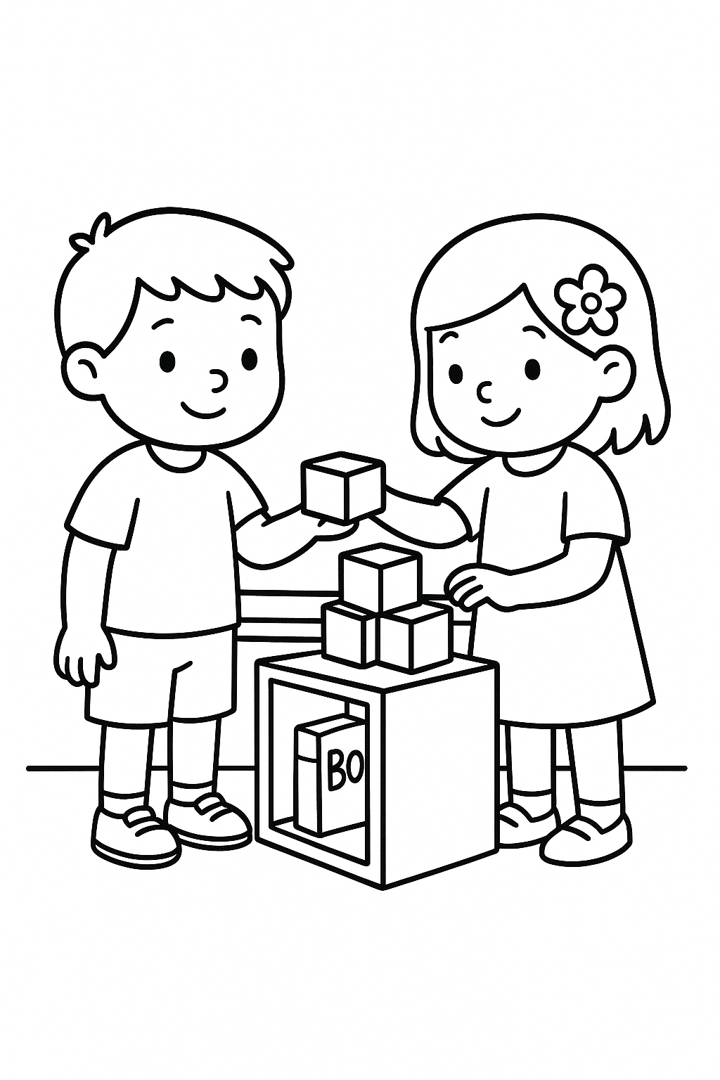 Two preschool children standing beside a low shelf, passing building cubes into a neat pile — printable coloring page