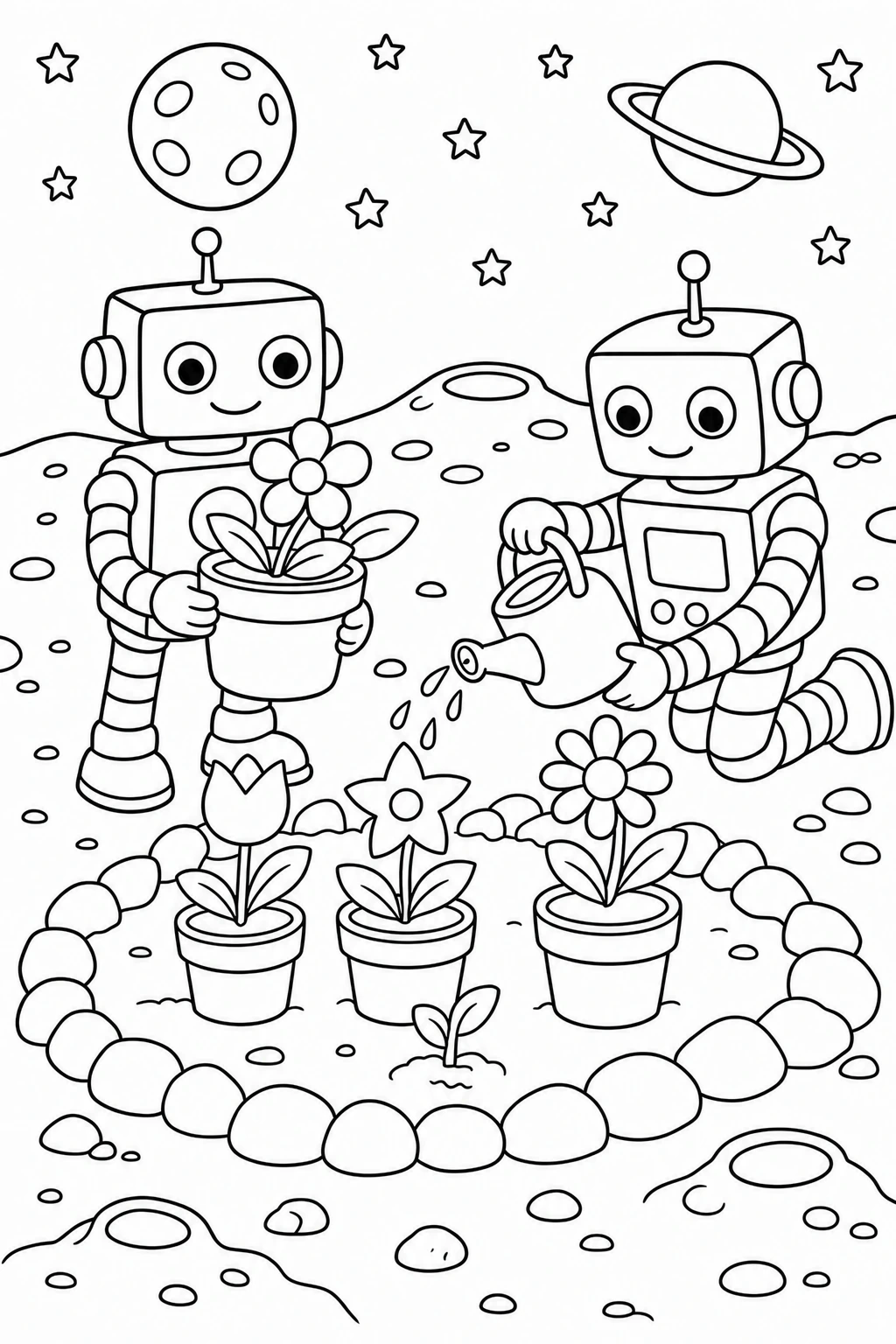 Two robots building a little moon garden with potted space flowers, a watering can, and a simple fence of rock — printable coloring page