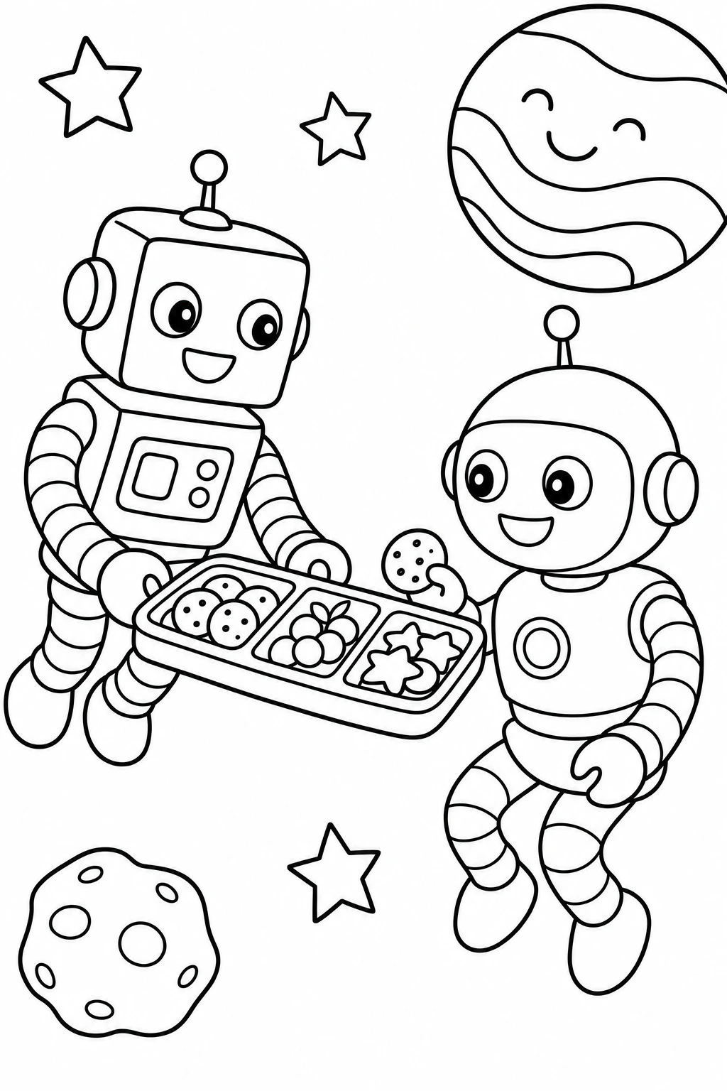 Two robots floating together while sharing a snack tray, with a tiny asteroid, three stars, and a smiling plan — printable coloring page